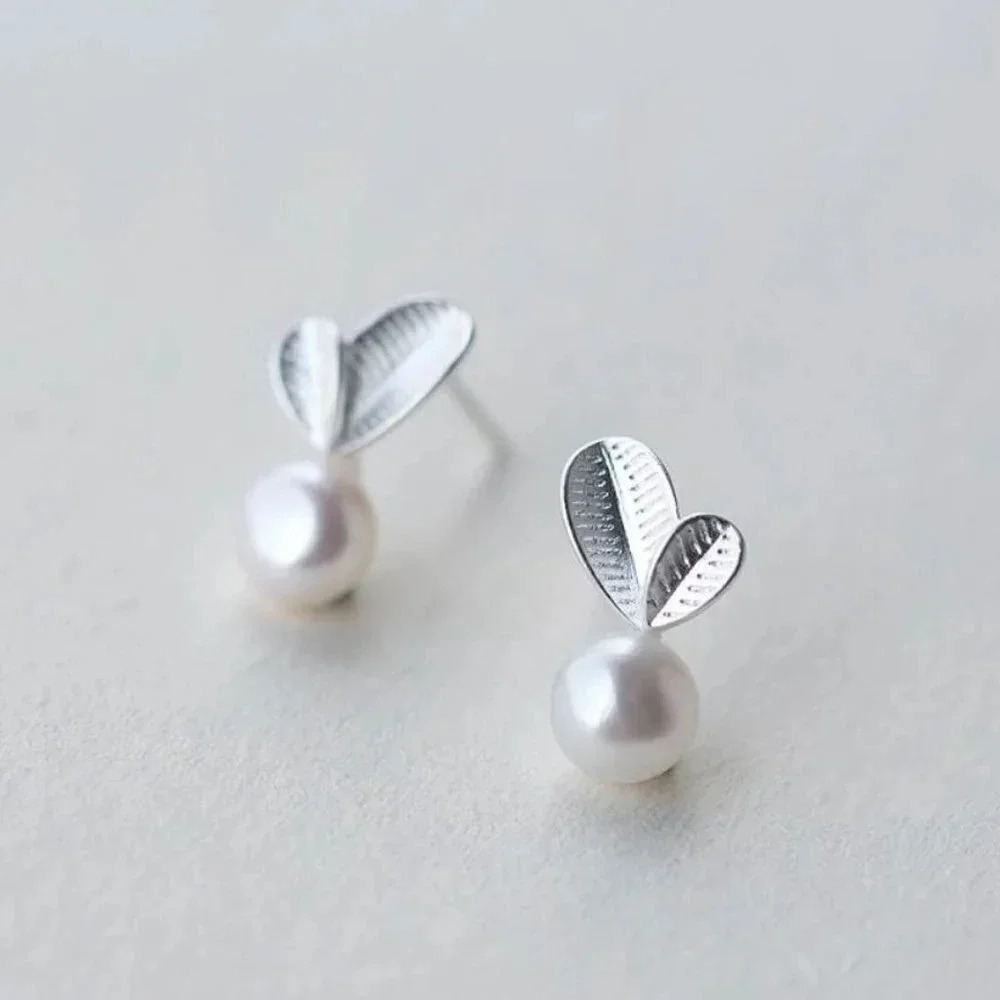 925 Sterling Silver Pearl Leaf Stud Earrings